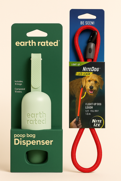 Ensemble laisse lumineuse et dispensateur de sac à caca.